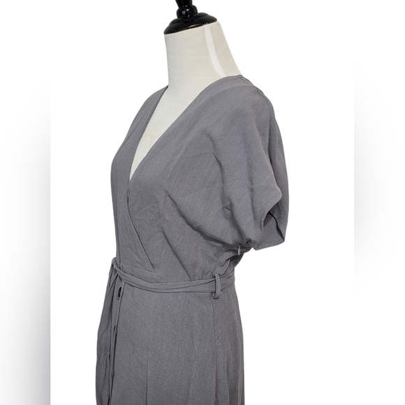 SADIE & SAGE Anthropologie gray linen mini dress, short sleeve rayon wrap V neck - Picture 2 of 6